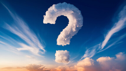 Cloud formation shaped as large question mark against blue sunset sky, symbolizing uncertainty, inquiry, or contemplation, ideal for conceptual designs
