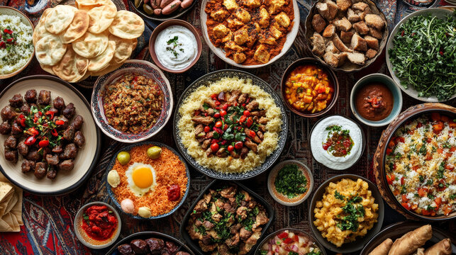 A lavish Middle Eastern meal spread for Ramadan Iftar, featuring an assortment of authentic Arabic dishes, beautifully captured from a top-down perspective