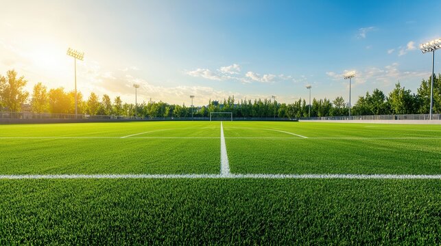 A picturesque sports field with vibrant green turf surrounded by tall trees and a clear blue sky with puffy white clouds creating a serene and inviting outdoor recreation space  category Landscapes