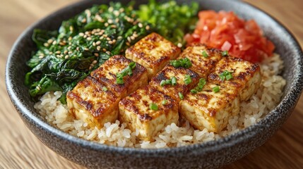 Fototapeta premium Grilled Tofu Bowl with Rice, Greens, and Toppings on Wooden Table