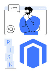 Thoughtful individual in video call, stacked risk blocks, and shield icon. Ideal for decision-making, risk analysis, security, problem-solving, strategic planning, resilience abstract line flat