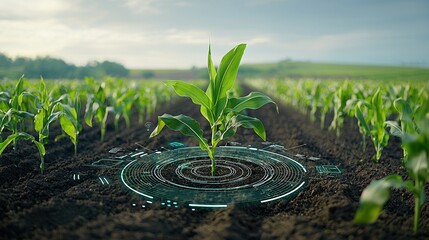 A futuristic and sustainable farming ecosystem showcasing advanced technology with corn crops featuring holographic data analysis and precision cultivation techniques