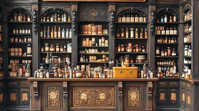 Vintage apothecary shop interior showcasing ornate wooden shelves filled with bottles