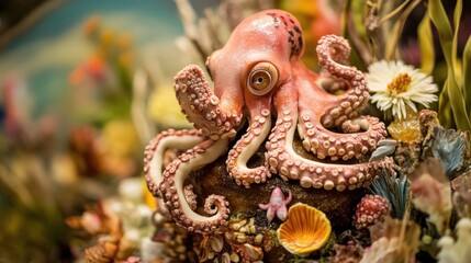 Naklejka premium Detailed sculpted octopus, coral reef scene