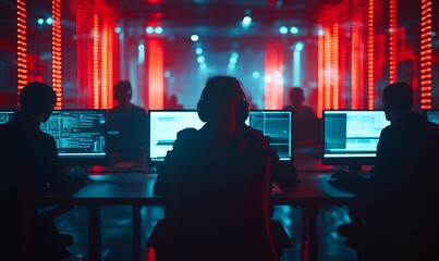hackers at work, silhouettes in front of computer screens with red neon lights.