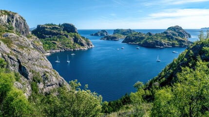 Scenic view of a tranquil bay surrounded by rocky islands and lush greenery.