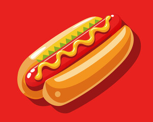 classic hot dog with mustard and ketchup, on a bright red background.