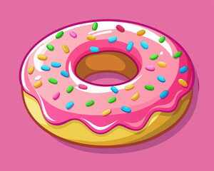 glazed donut with colorful sprinkles, on a pink background.