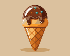 scoop of chocolate ice cream in a waffle cone, on a light brown background.
