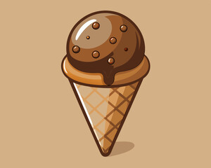 scoop of chocolate ice cream in a waffle cone, on a light brown background.