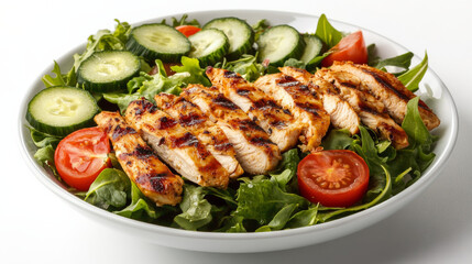 A nutritious grilled chicken salad featuring a mix of fresh greens like lettuce, arugula, and spinach, complemented by cucumbers and tomatoes--an ideal healthy lunch option