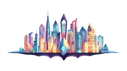 A vibrant urban skyline with colorful geometric skyscrapers and modern architecture.