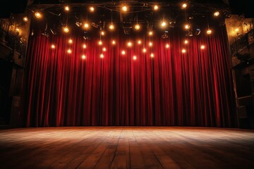 Red Curtain Stage Ready for Performance in a Small Theater at Night