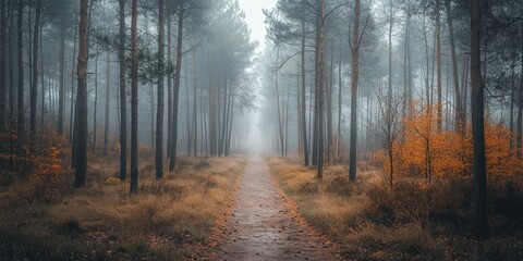 Fototapeta premium Misty forest trail in autumn