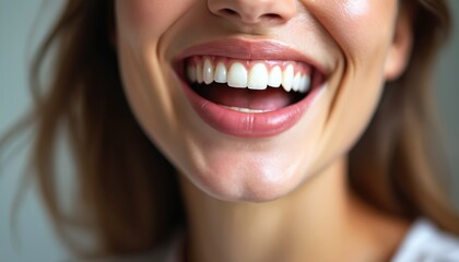 Fototapeta premium Close-up of woman open mouth with perfect healthy white teeth. Attractive smile, lip, happy face. Dental care, oral hygiene, whitening, dentistry, medicine concept. Beauty industry, fashion,