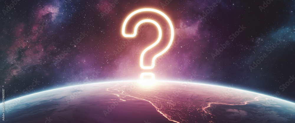Poster glowing large question mark above planet earth, set against a cosmic backdrop, representing curiosit