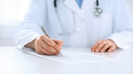 A doctor in a white lab coat, attentively filling out a patient form with a pen. The minimalist setup accentuates the focus on the medical professional's meticulous work