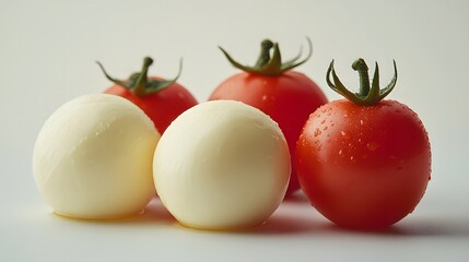 Elegant Presentation of Mozzarella Cheese Bundle with Juicy Tomatoes on a Smooth White Surface