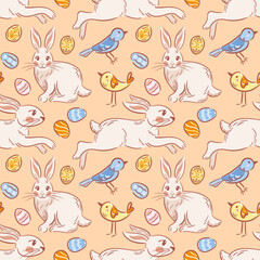 A seamless pattern featuring playful Easter bunnies, cheerful birds, and beautifully decorated eggs, all illustrated in a charming sketch style. Perfect for festive designs and seasonal decor.