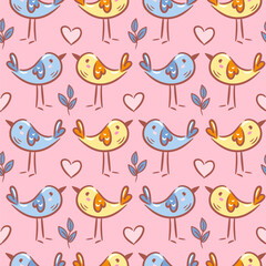 seamless pattern features adorable birds, hearts, and branches rendered in a charming sketch style. The playful design adds a whimsical touch, perfect for various creative projects and festive themes.
