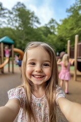 Happy child playing in playground in Spring