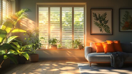 Cozy Living Room Featuring Roller Shutters on a Plastic Window, Merging Comfort with Modern Aesthetics in Interior Design