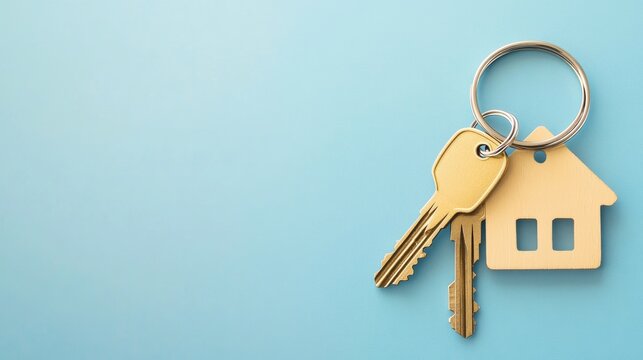 House-shaped keychain with keys on a blue background, real estate concept.