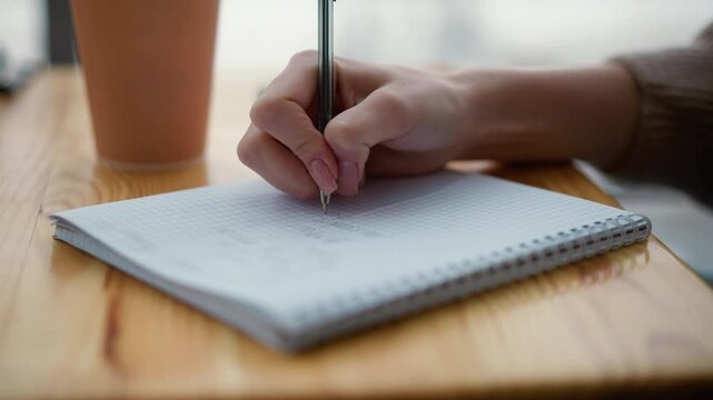 Close-up of student's hand writing on graph paper with a pen, coffee cup and phone blurred in background, capturing study, focus, and academic atmosphere