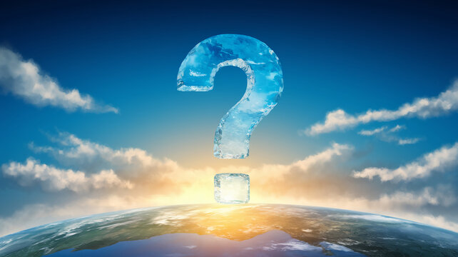 Ice large question mark above Earth, sunrise background, symbolizing global uncertainty or future questions, perfect for environmental or philosophical concepts - Powered by Adobe