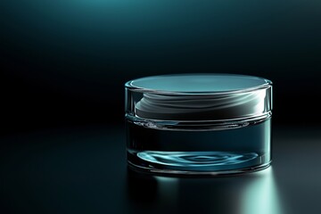 A glass jar containing an anti-aging cream, elegantly placed on a dark background with soft backlighting, highlighting the smooth texture and luxurious appearance of the jar