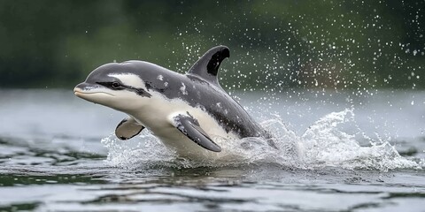 Obraz premium A playful Commerson s dolphin leaps from the ocean water creating a splash Wildlife