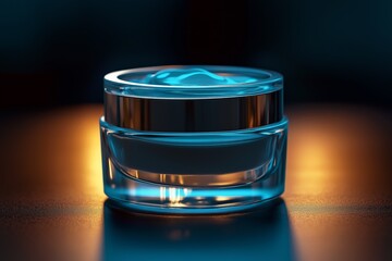 A glass jar containing an anti-aging cream, elegantly placed on a dark background with soft backlighting, highlighting the smooth texture and luxurious appearance of the jar
