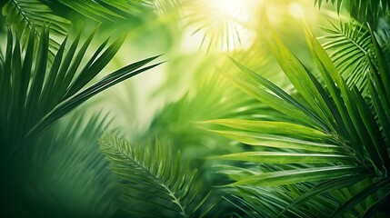Lush green tropical foliage with sunlight creating a serene and vibrant atmosphere