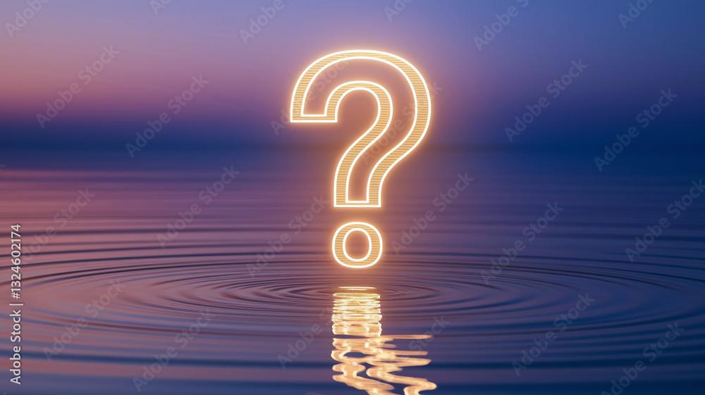 Poster glowing large question mark on calm water surface, reflecting light, creating serene atmosphere, sym