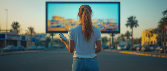 AI generated image of concept of digital media vs traditional print outdoor media ,Advertising biilboard mock-up in front of the modern office building
