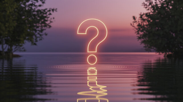 Glowing large question mark floats on calm water at sunset, reflected on the surface, surrounded by tranquil nature, symbolizing mystery, contemplation, and seeking answers. - Powered by Adobe
