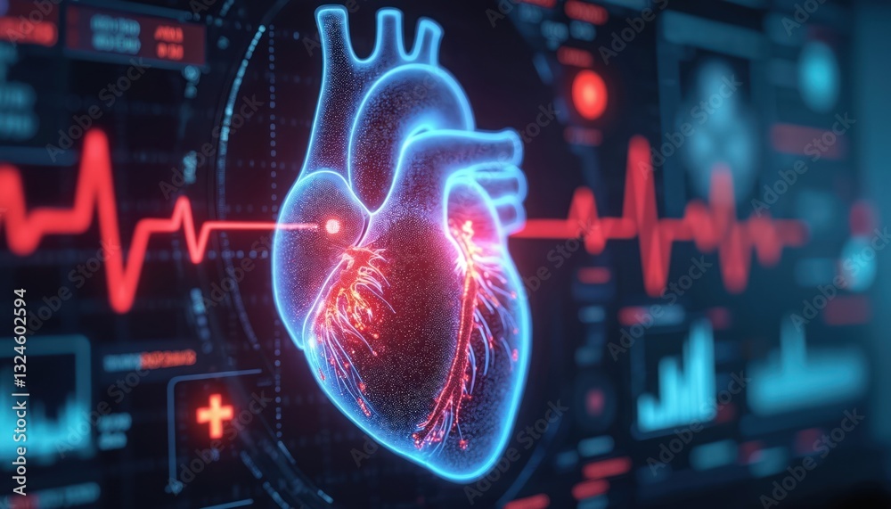 Poster futuristic hologram of human heart with vital signs cardiogram on virtual interface. innovative tech