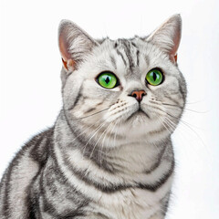 Portrait of a Silver Tabby British Shorthair Cat Looking at the Camera on a White Background