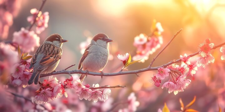 Two sparrows perched on a cherry blossom branch, basking in the warm glow of a golden sunset.