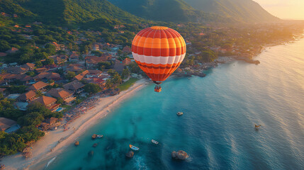 Obraz premium AI generator images of A bird's eye view of a rural town with sea and sandy beach. Where tourists like to take a hot air balloon ride and see the city