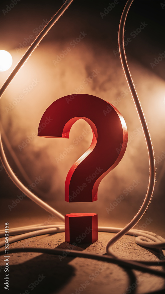 Poster red large question mark on cube base, encircled by white cables, set against a hazy brown background