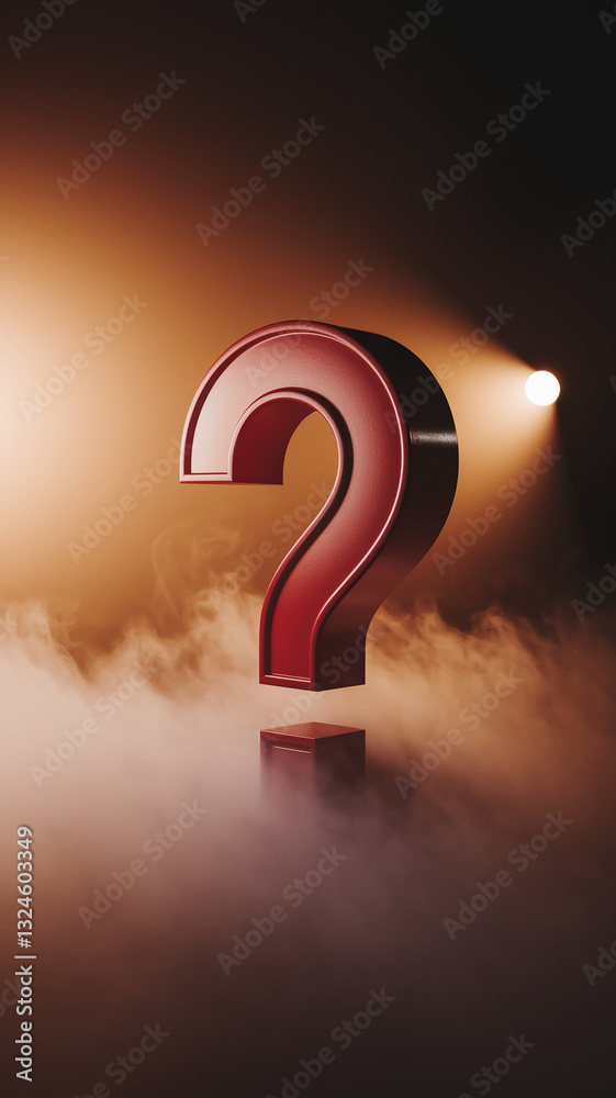 Poster red large question mark on a pedestal, shrouded in fog, under warm lighting. represents mystery, inq
