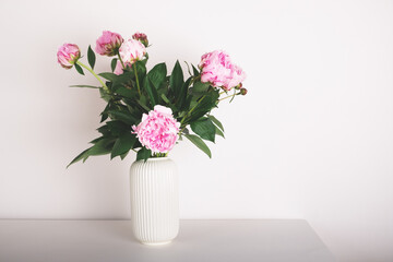 Beautiful bouquet of pink peony flowers in full bloom in vase against white background. Copy space for text.
