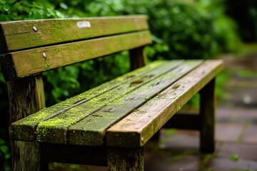 Fototapeta premium Serene Garden Bench: An old wooden bench covered in moss, inviting a moment of repose in a peaceful garden setting, evoking a sense of tranquility.