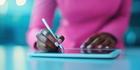 A person using a stylus to write or draw on a tablet screen, showcasing a creative and modern approach to digital interaction.