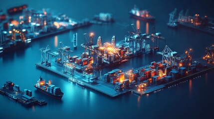 Obraz premium Digital polygonal cargo sea port. 3d ship, port crane and containers in dark blue. Container ships, transportation, logistics, business or worldwide shipping concept. Abstract vector mesh illustration