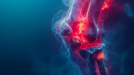 Artistic representation of a human knee joint, showcasing anatomical details and vibrant colors that highlight inflammation.