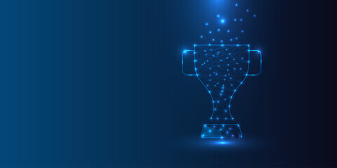 Futuristic champion trophy cup in glowing low polygonal style isolated on dark blue background. Winner, championship concept Modern abstract connection design vector illustration