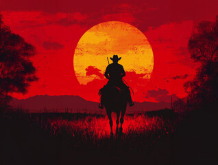 Naklejka premium Silhouette of cowboy on horseback at sunset.