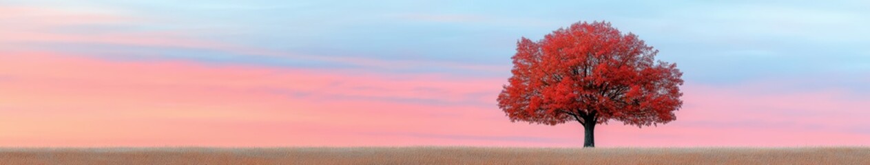Fototapeta premium Vibrant red tree at sunset